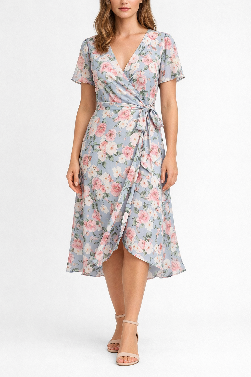 Vouraco floral wrap midi dress sage green V-neckline white studio background