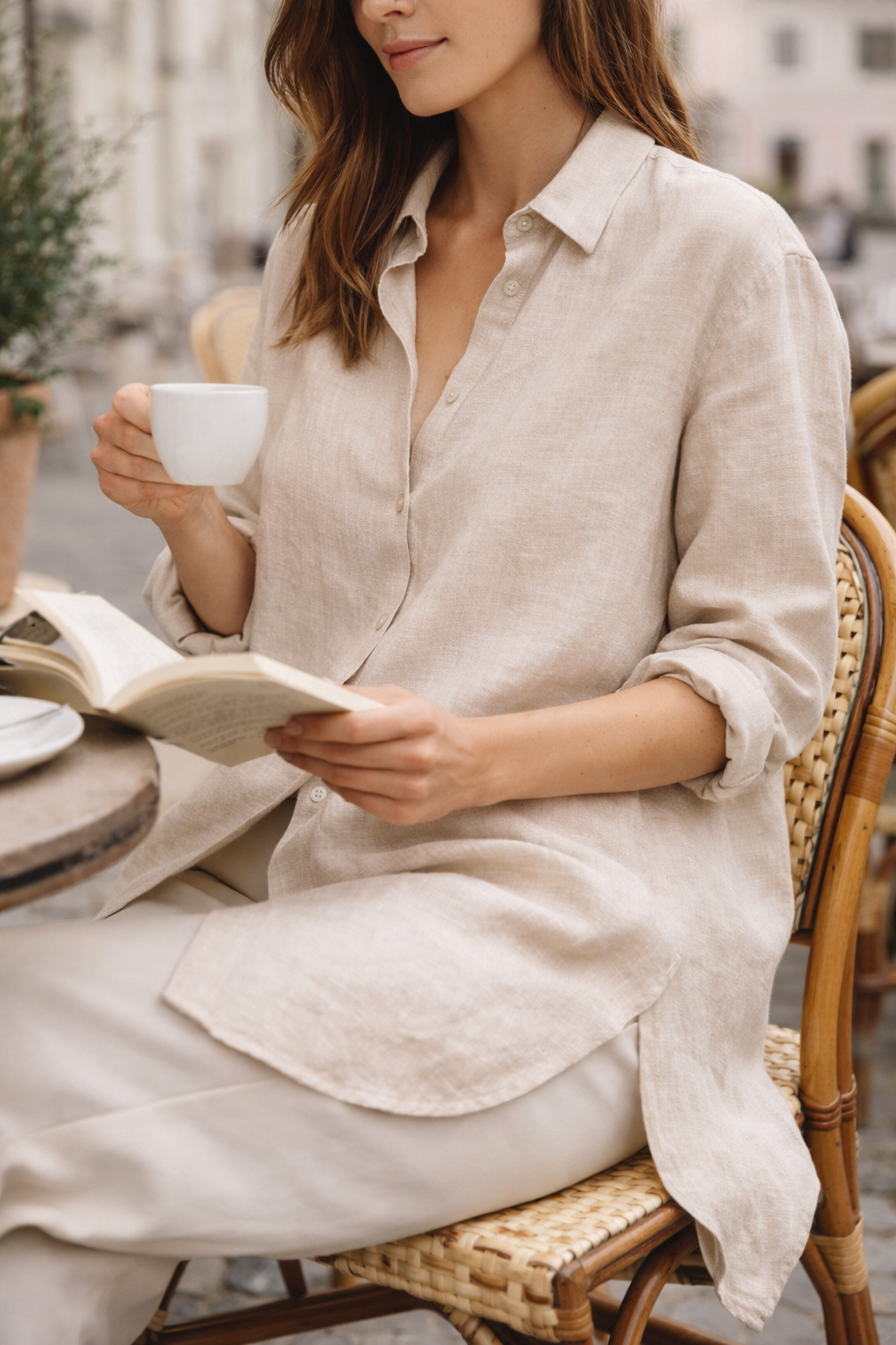 Woman wearing Voura relaxed linen shirt at Dublin farmers market natural daylight