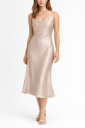 Voura champagne satin slip midi dress bias cut white studio background