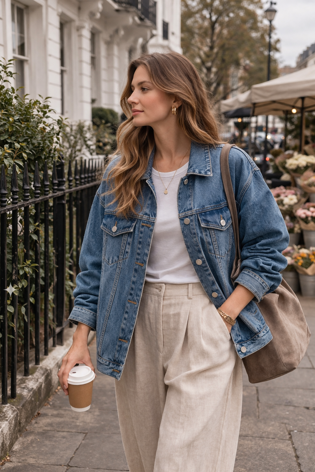 Woman wearing Voura denim jacket over floral dress Dublin Georgian terrace street