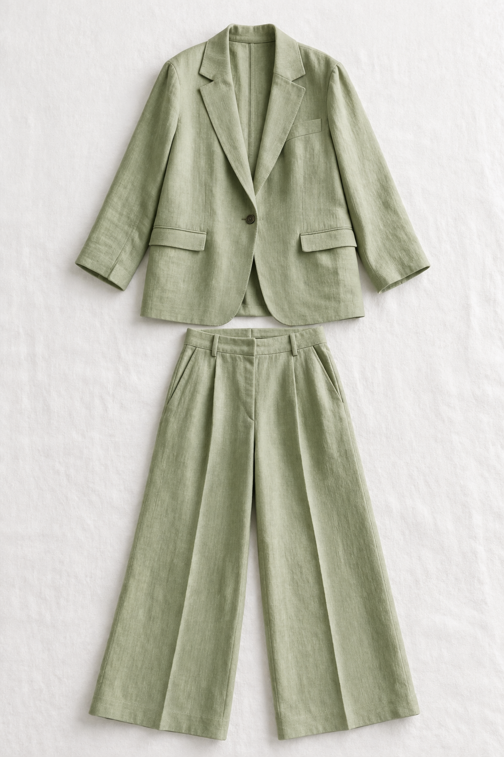 Vouraco oat linen blazer and wide-leg trouser co-ord set white studio background