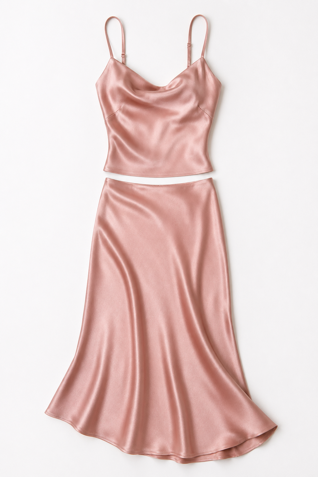 Vouraco satin co-ord set cami top and bias-cut midi skirt champagne evening occasion