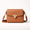 Voura tan crossbody mini bag structured gold hardware white studio background