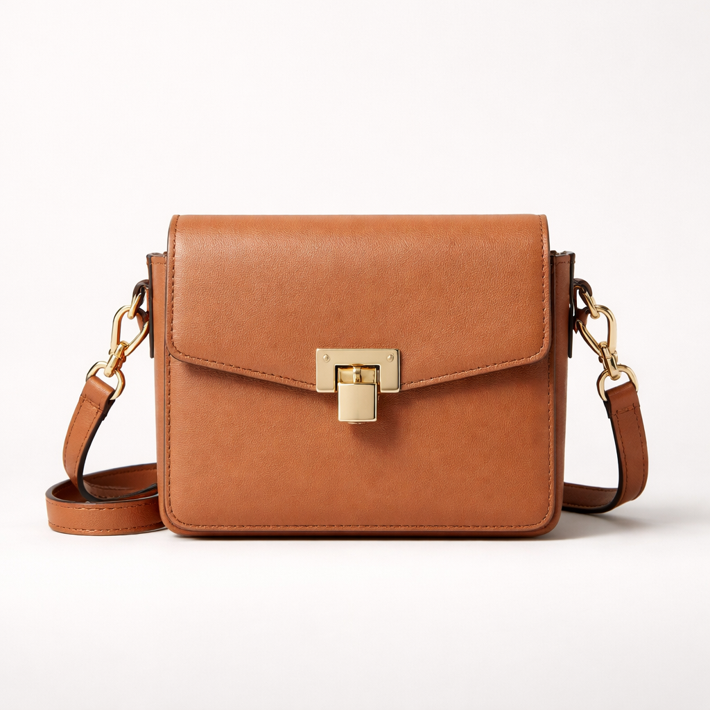 Voura tan crossbody mini bag structured gold hardware white studio background
