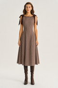 Plaid Boat Neck A-Line Midi Dress | Brown