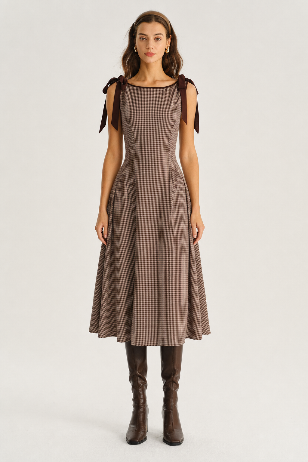 Plaid Boat Neck A-Line Midi Dress | Brown