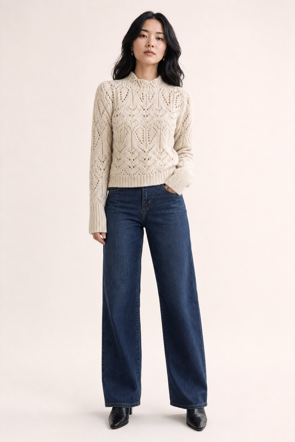 Knit Round Neck Open-Work Jumper | Off White