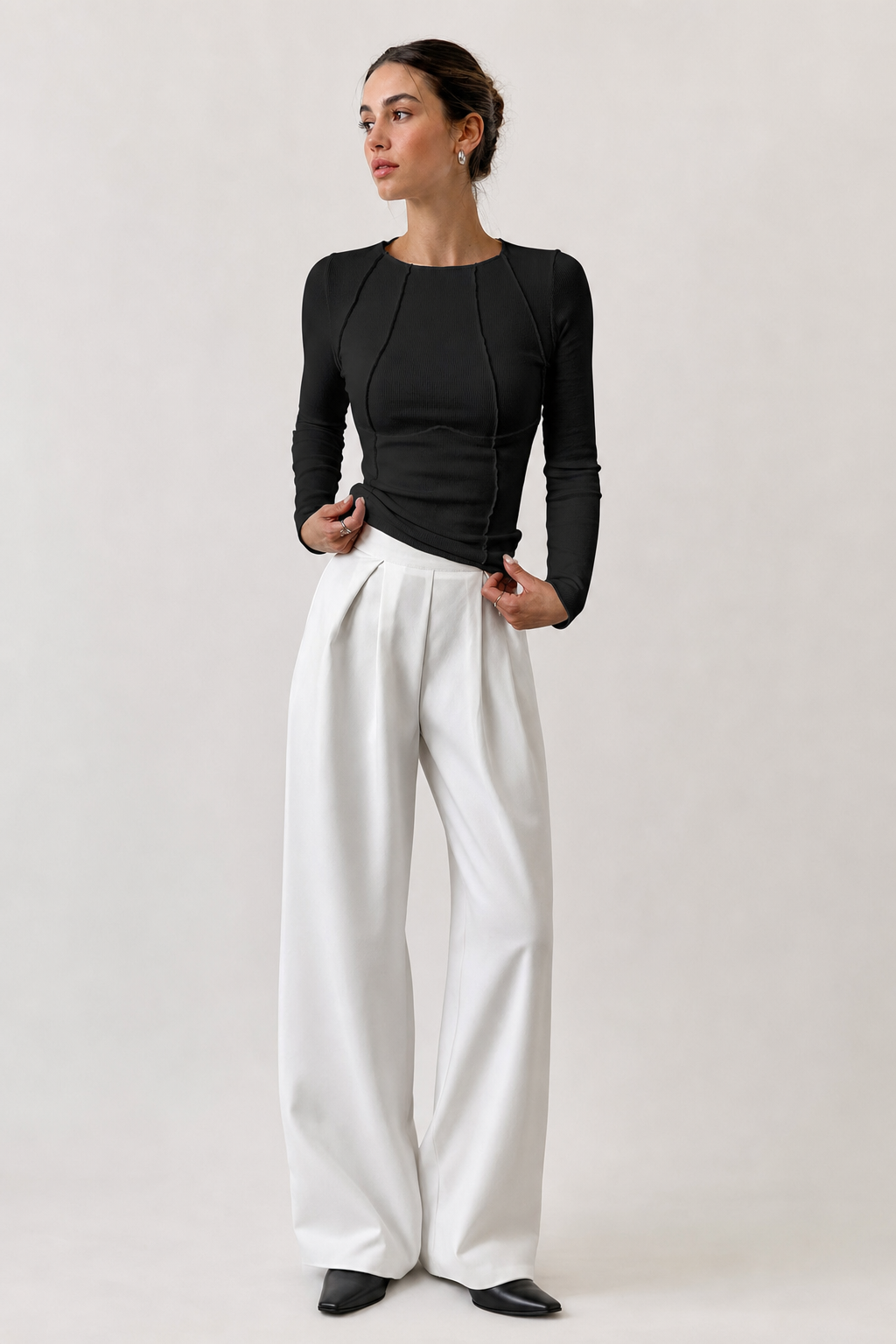 Polyester Blend Ribbed Long Sleeve Top | Piped Seam | Black