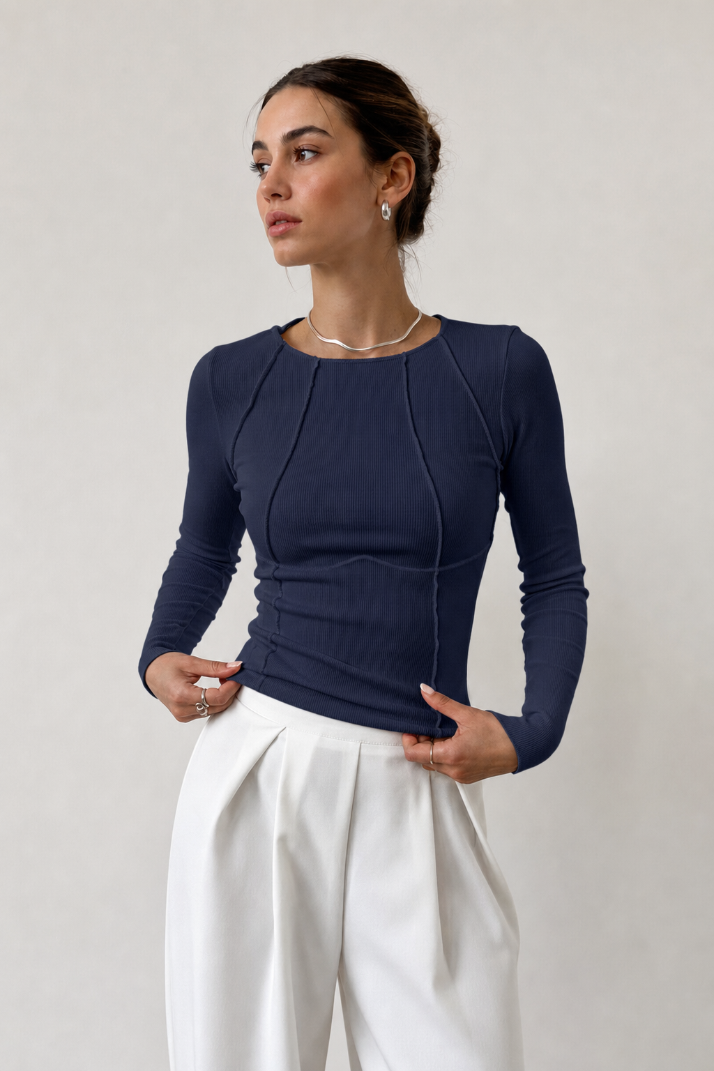Polyester Blend Ribbed Long Sleeve Top | Piped Seam | Navy