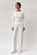 Polyester Blend Ribbed Long Sleeve Top | Piped Seam | Off White