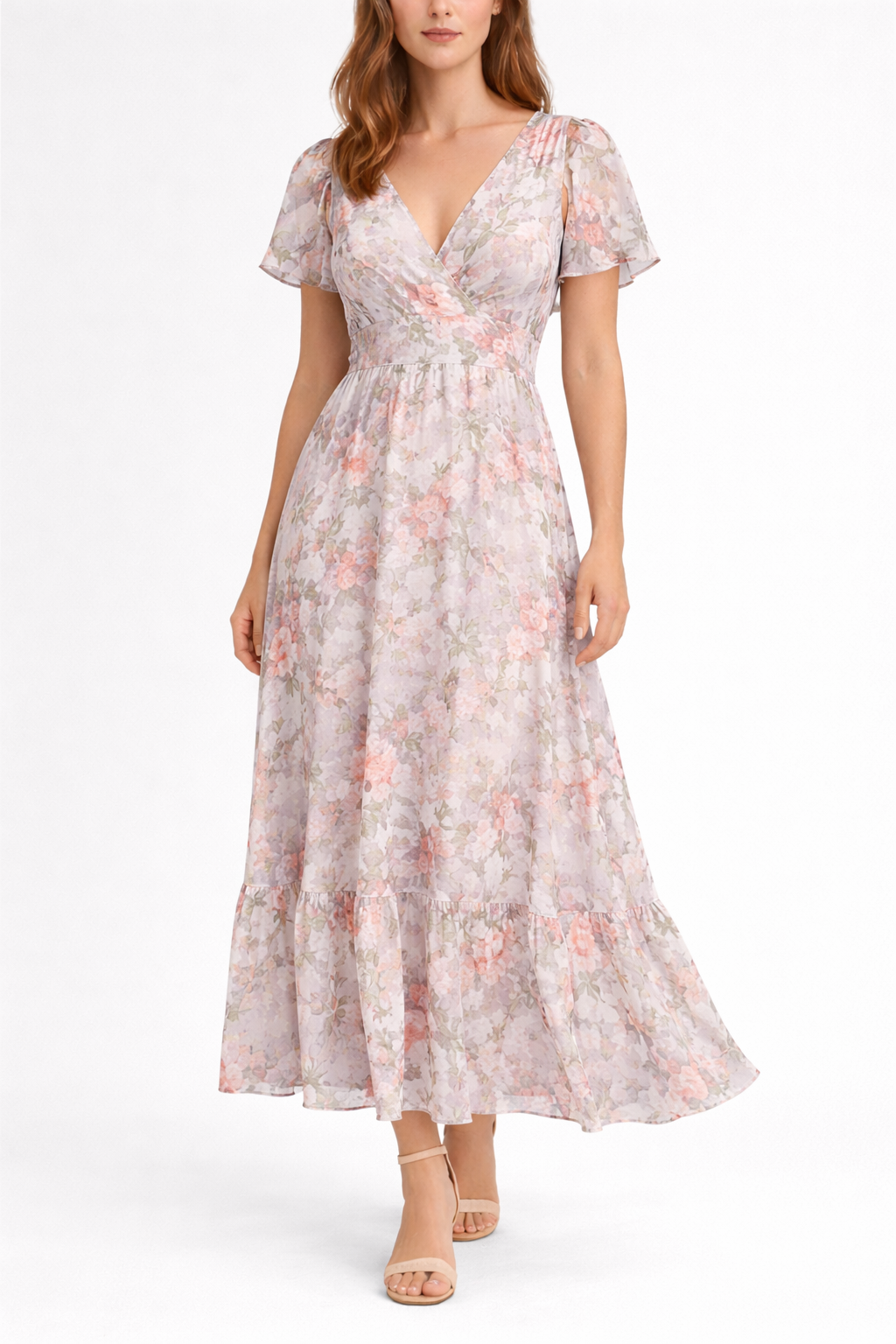 Vouraco sage green floral print maxi dress V-neckline white studio background