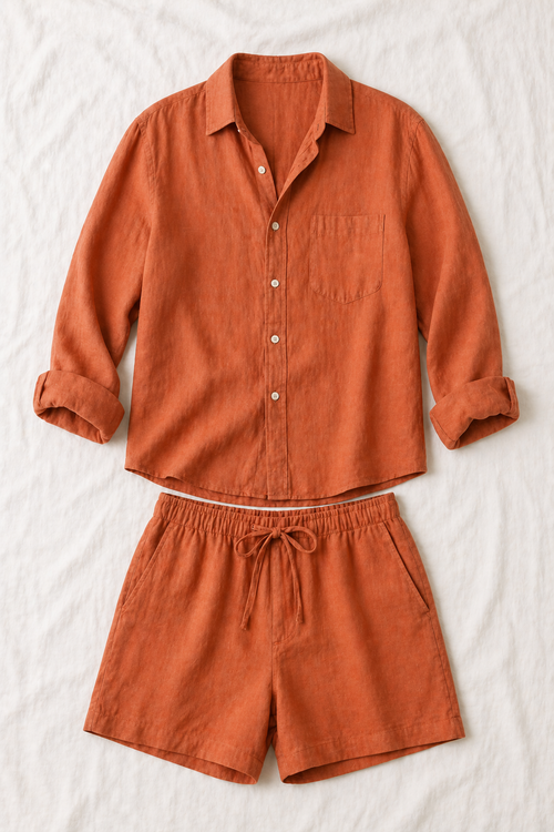 Vouraco linen shirt and shorts co-ord set terracotta summer holiday relaxed fit