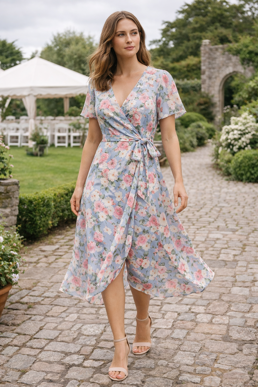 Woman wearing Voura wrap midi dress at outdoor Irish wedding reception golden hour