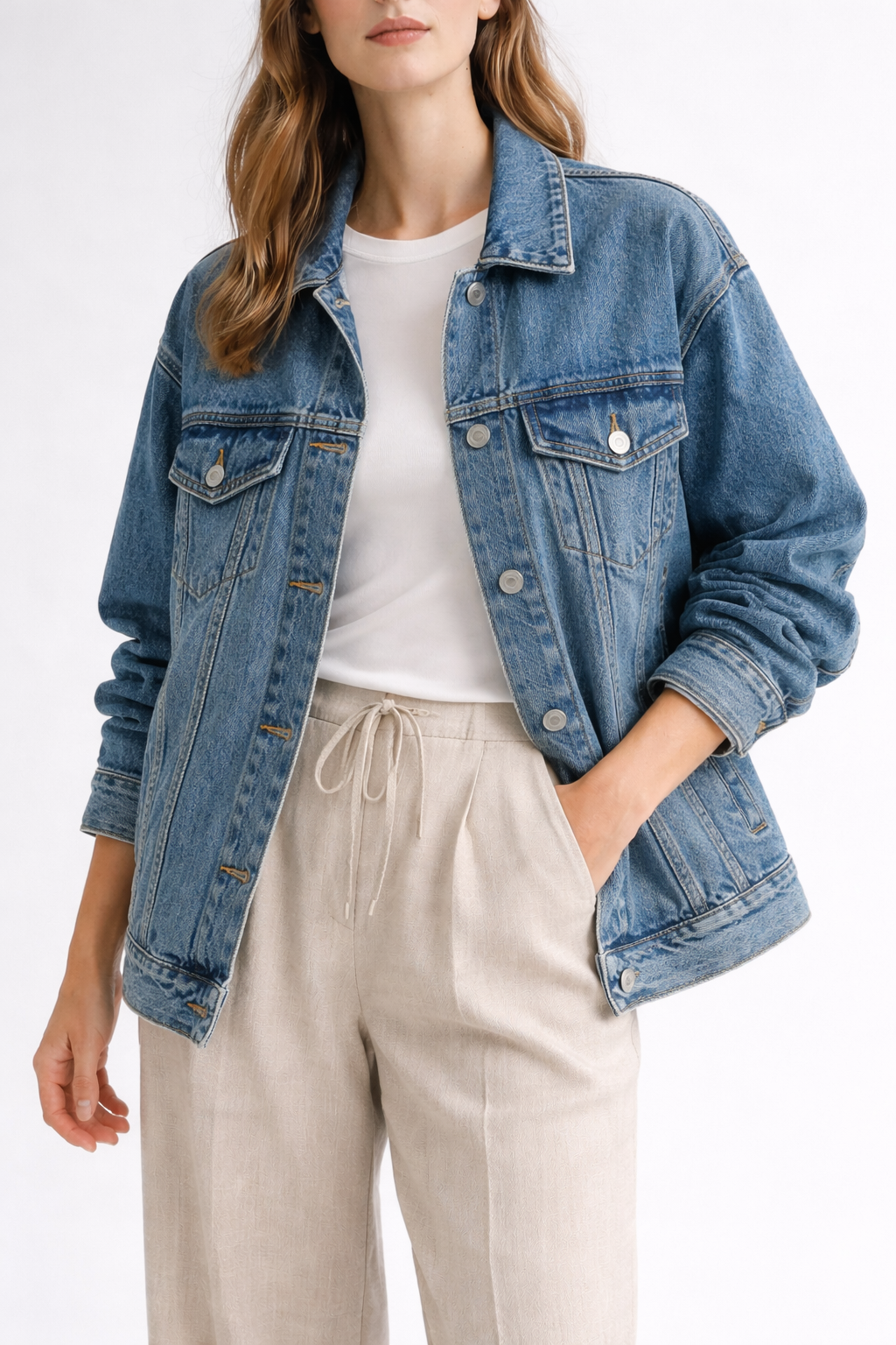 Voura relaxed fit denim jacket classic mid blue wash white studio background