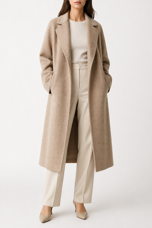 Voura camel belted trench coat classic spring autumn midi length front view