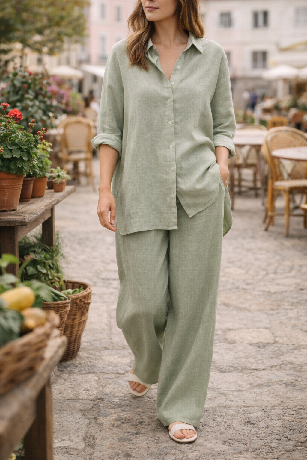 Woman wearing Vouraco linen co-ord set on sun-drenched terrace warm natural light