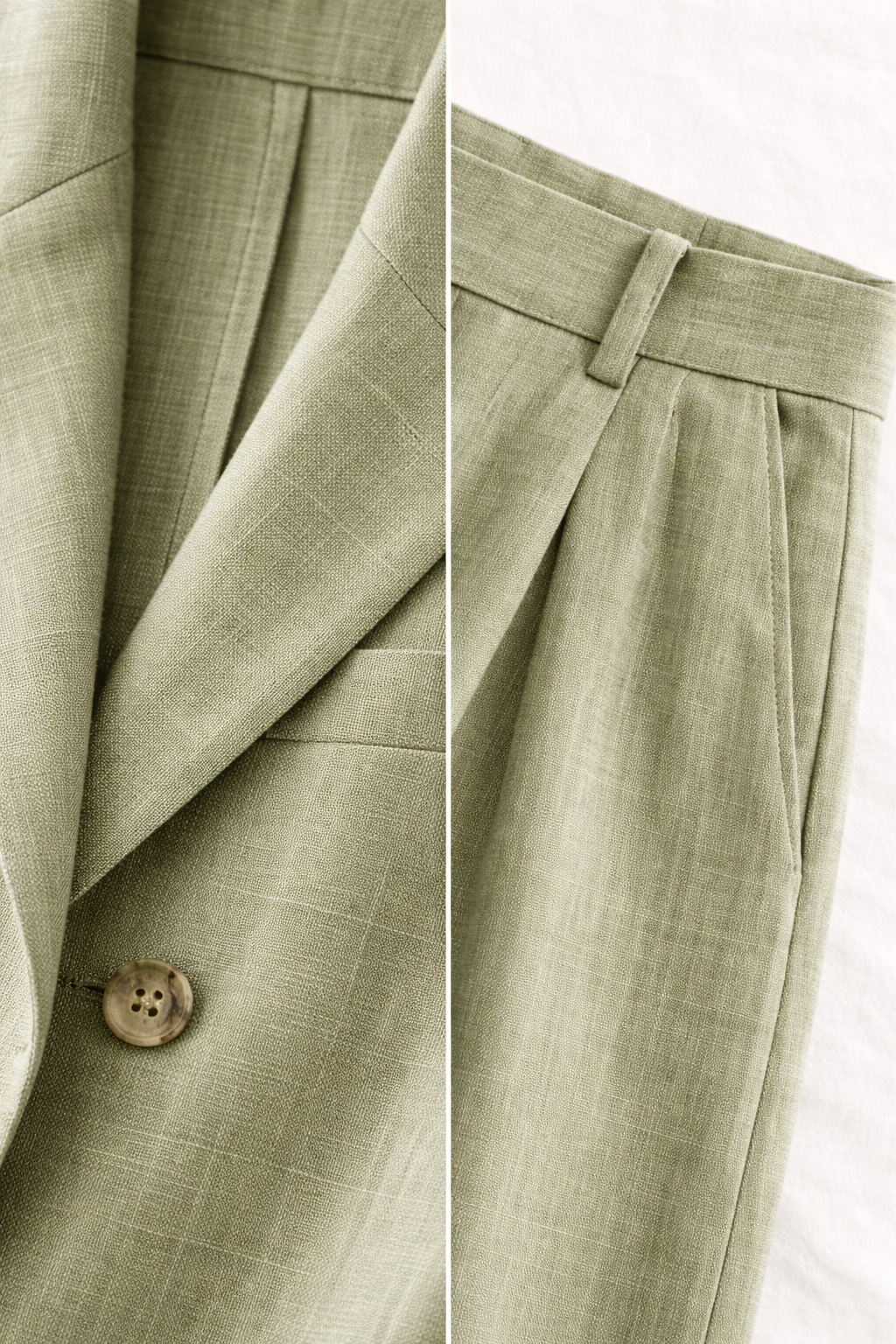 Close-up linen blazer lapel and trouser waistband co-ord set fabric detail