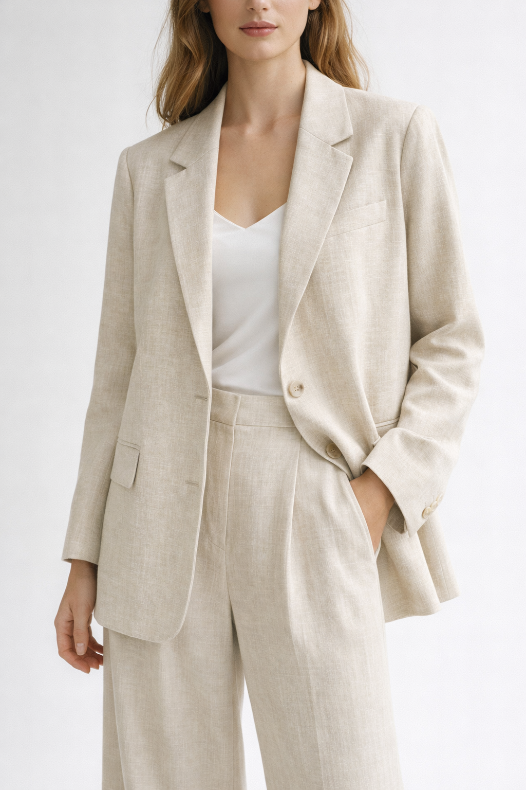 Voura oat oversized linen blazer structured fit white studio background