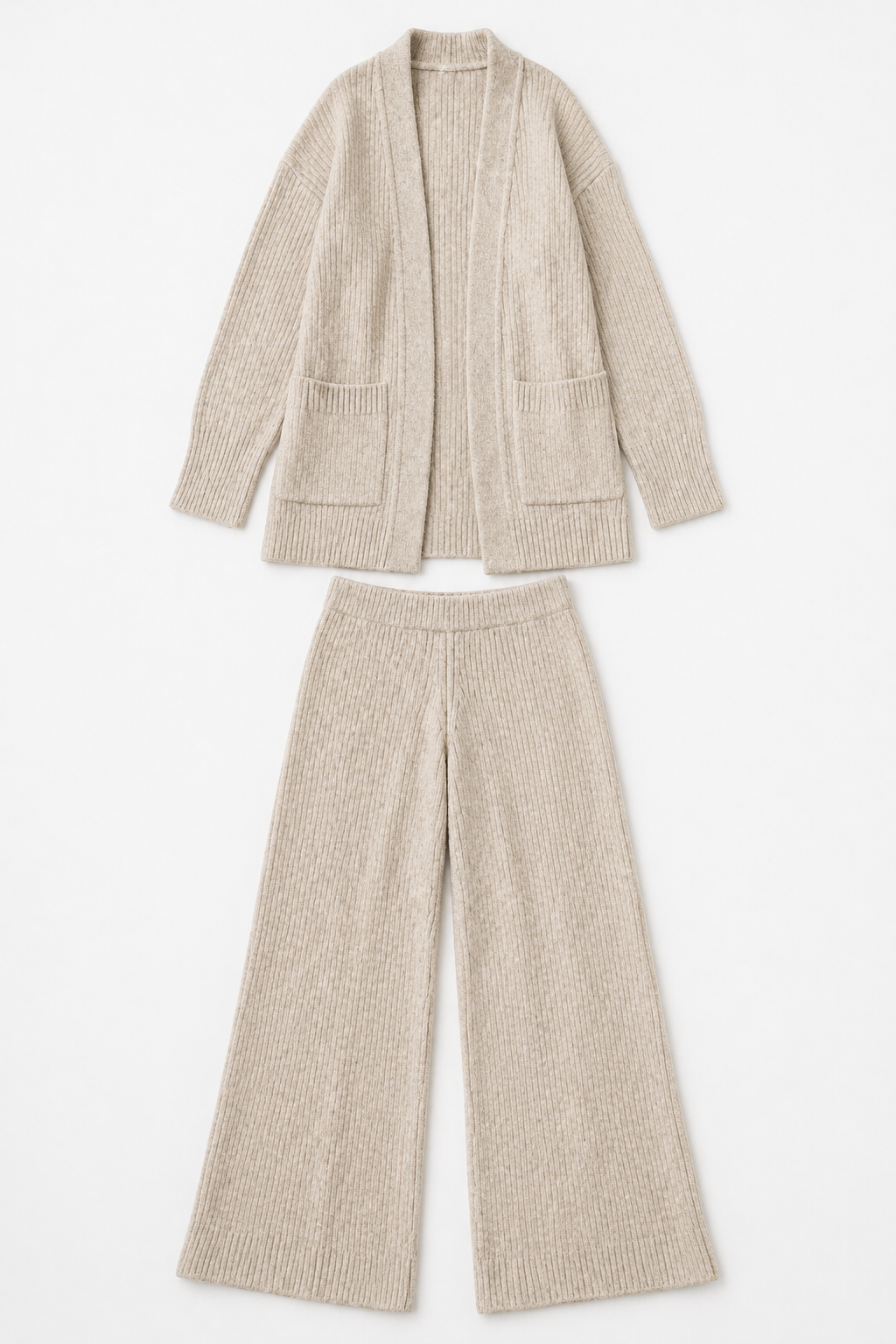 Voura knit two-piece set longline cardigan and wide-leg trousers oat autumn layer