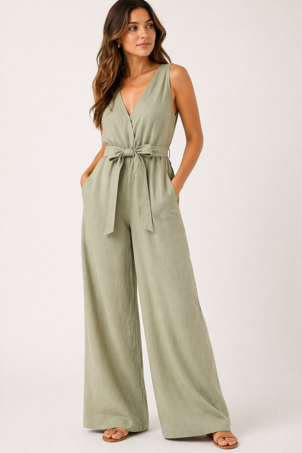 Linen Jumpsuit | Belted Waist | V-Neck | Summer One-Piece