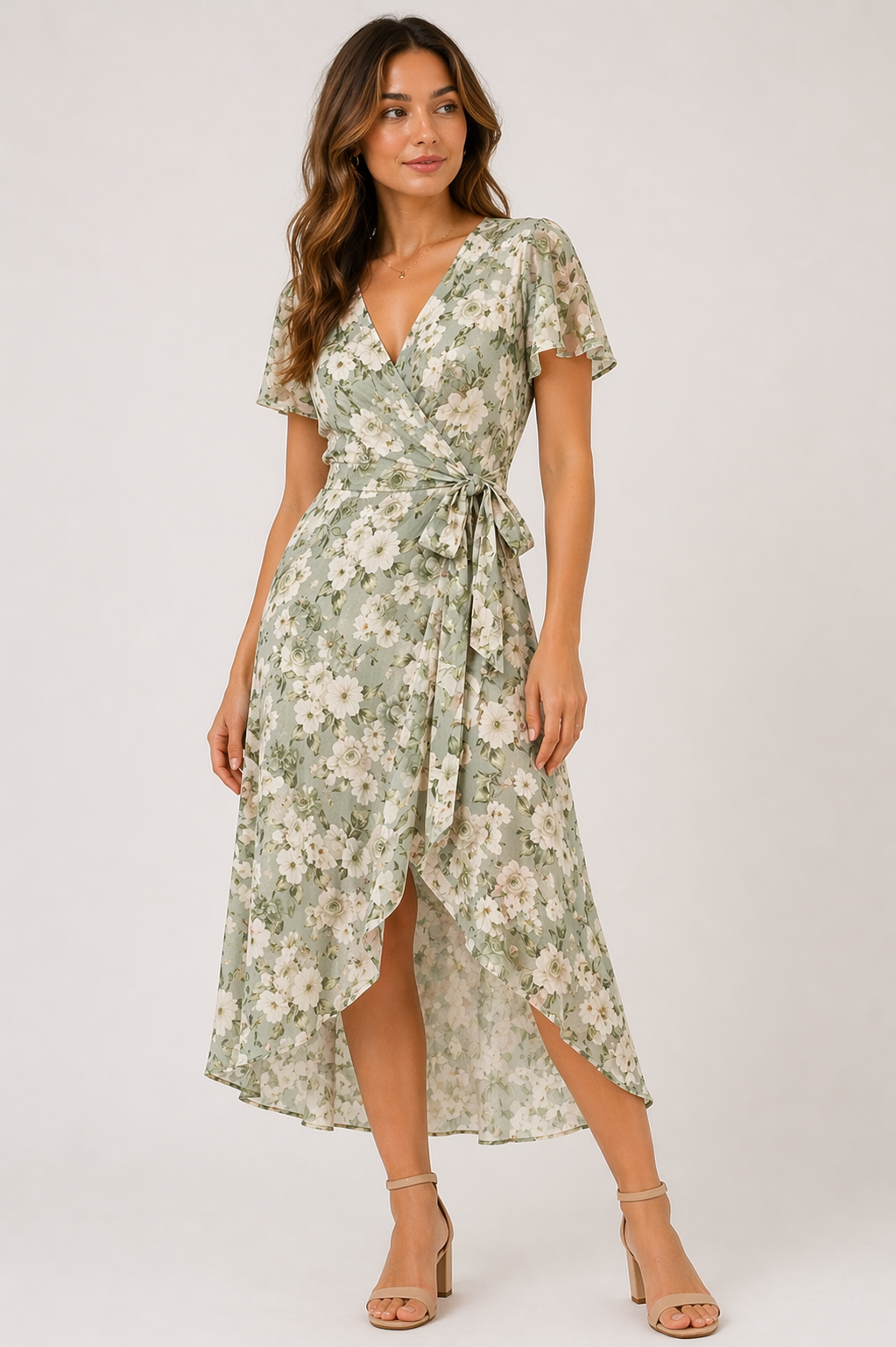 Wrap Midi Dress | Floral | V-Neck | Wedding Guest