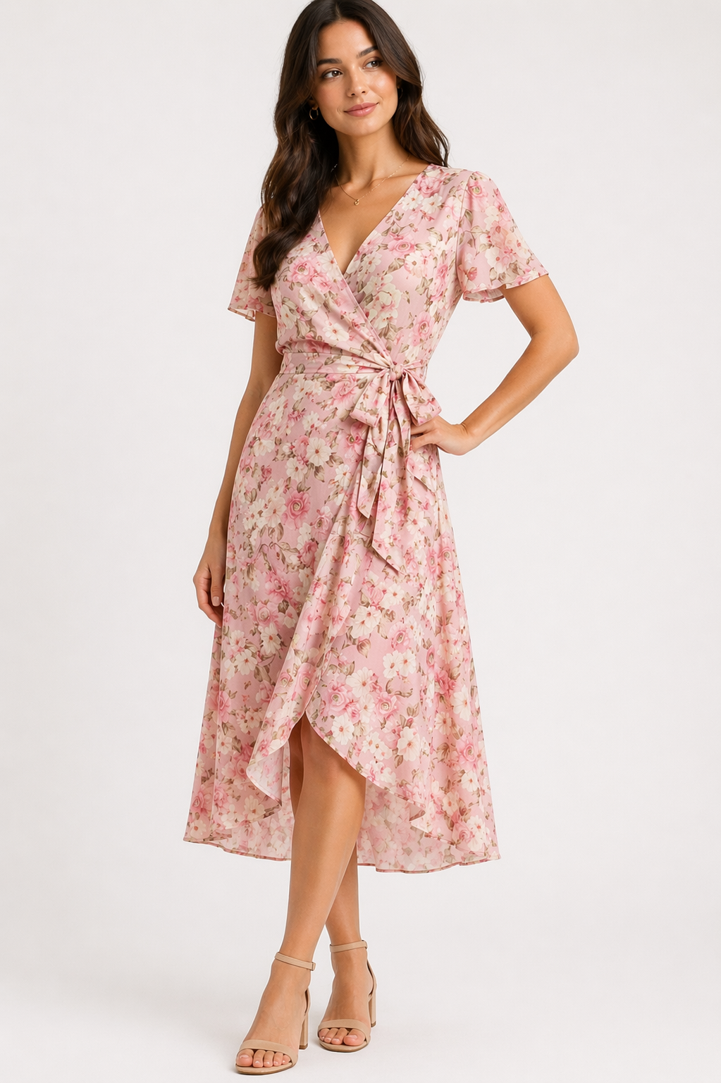 Wrap Midi Dress | Floral | V-Neck | Wedding Guest