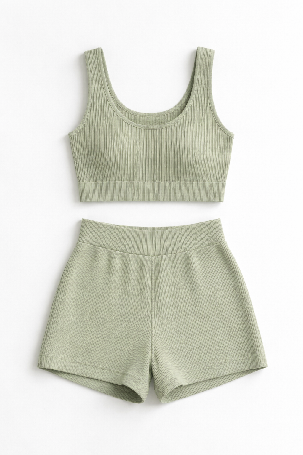 Vouraco cream ribbed knit co-ord set crop top and high-waist shorts white background