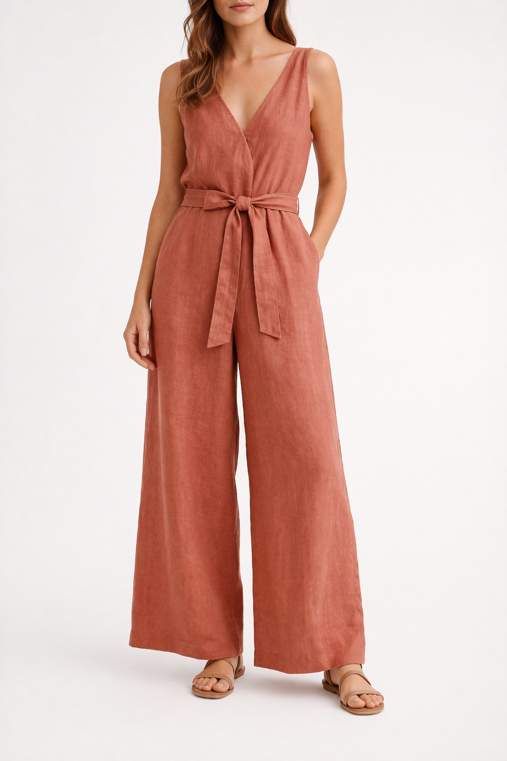 Vouraco oat linen jumpsuit belted waist V-neckline summer one-piece white background