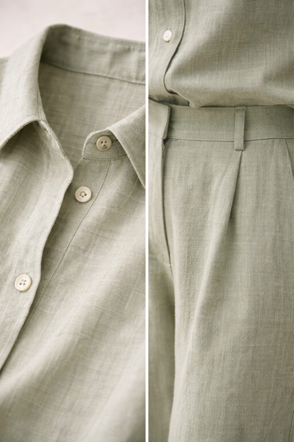 Close-up linen co-ord set fabric texture and coordinated waistband styling