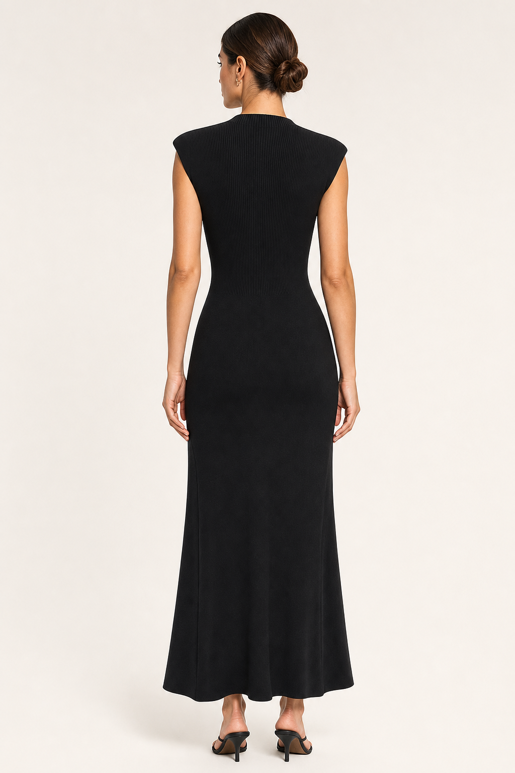 Rib knit maxi dress mock neck button split hem, black — second studio view