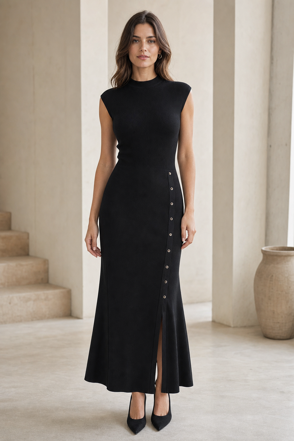 Rib knit maxi dress mock neck button split hem, black — worn, lifestyle setting