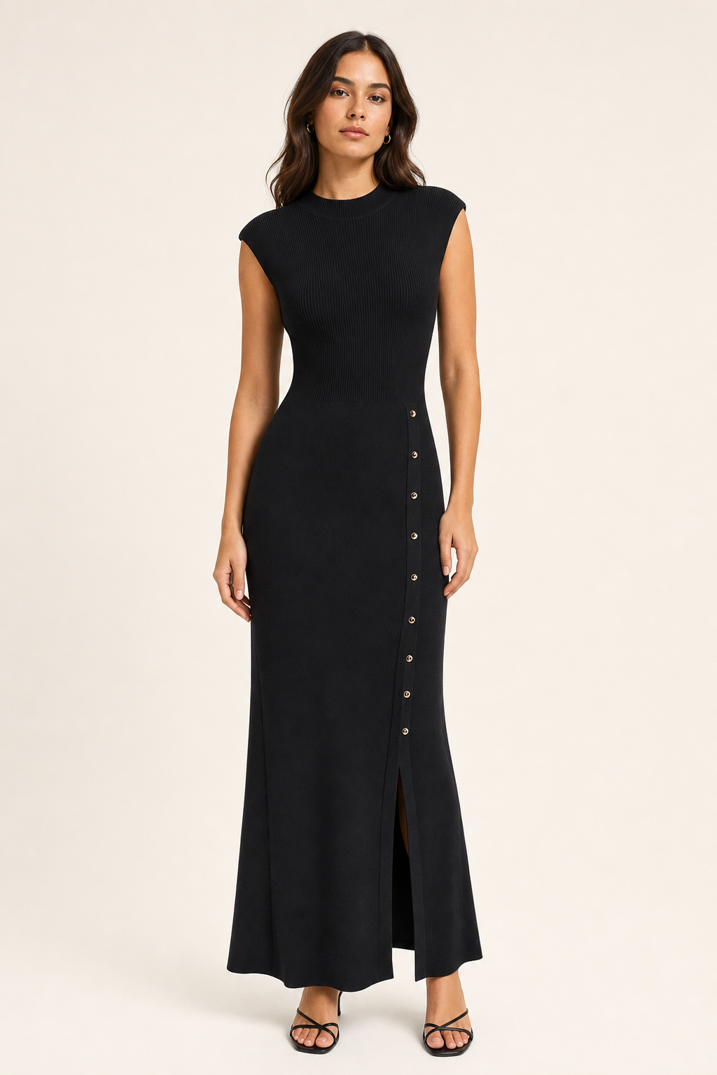 Rib knit maxi dress mock neck button split hem, black — front view