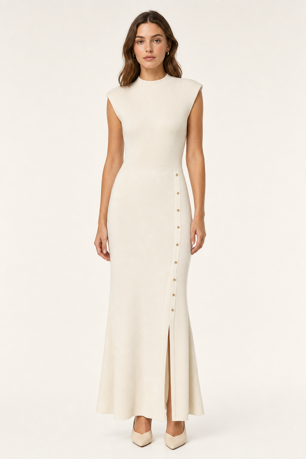 Rib knit maxi dress mock neck button split hem, off white — front view