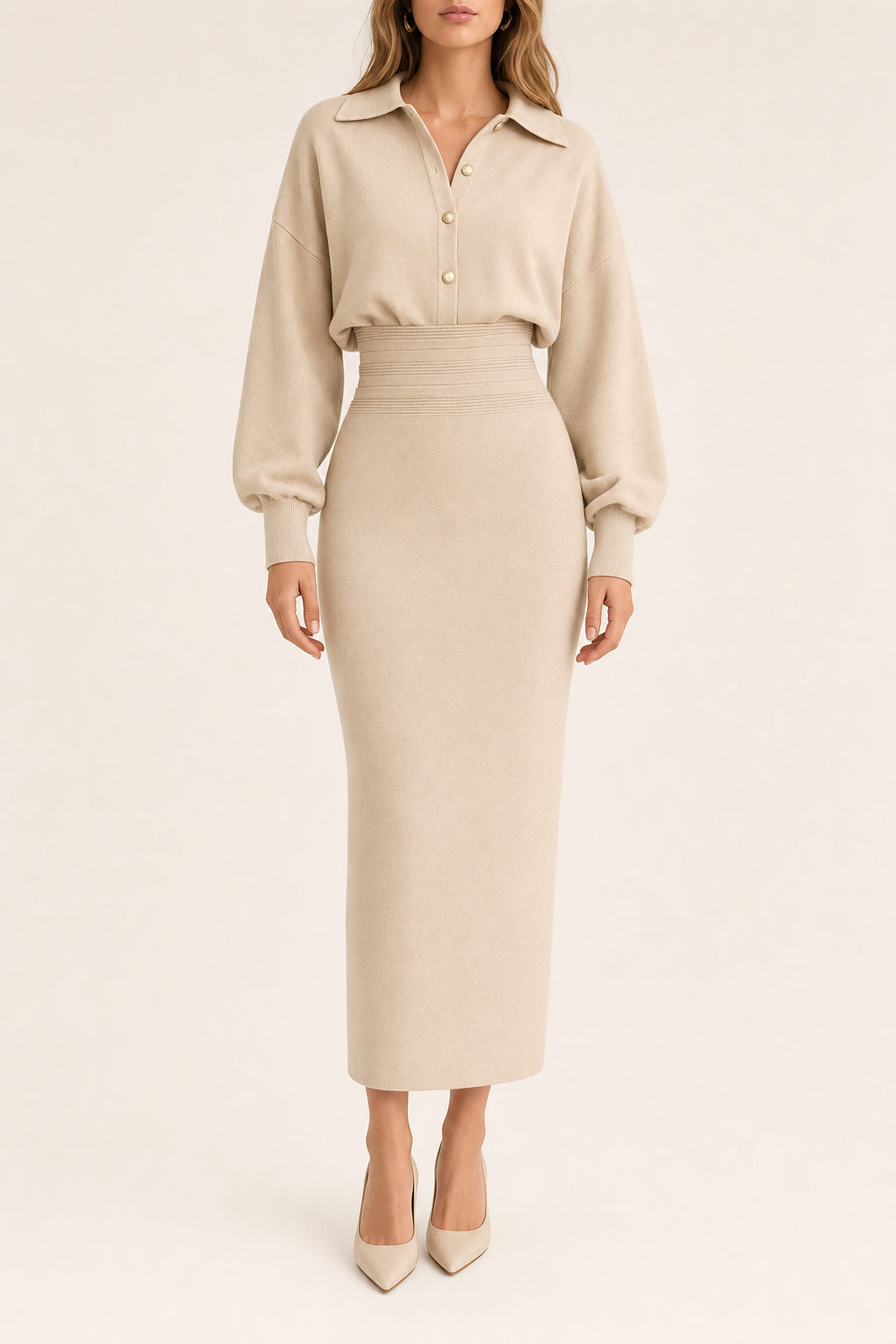 Knit midi shirt dress cinched rib waist, beige — front view