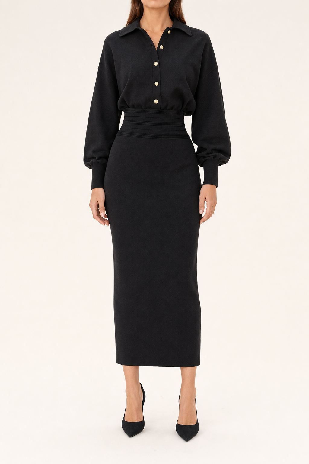 Knit midi shirt dress cinched rib waist, black — front view
