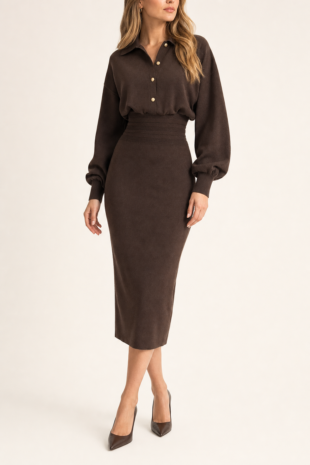 Knit midi shirt dress cinched rib waist, brown — second studio view