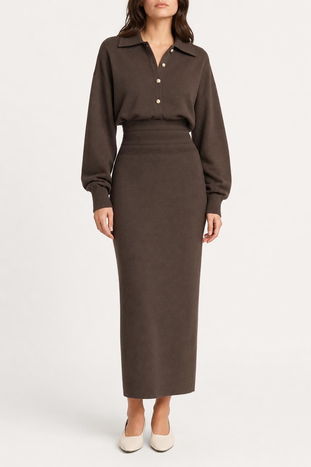 Knit midi shirt dress cinched rib waist, brown — front view