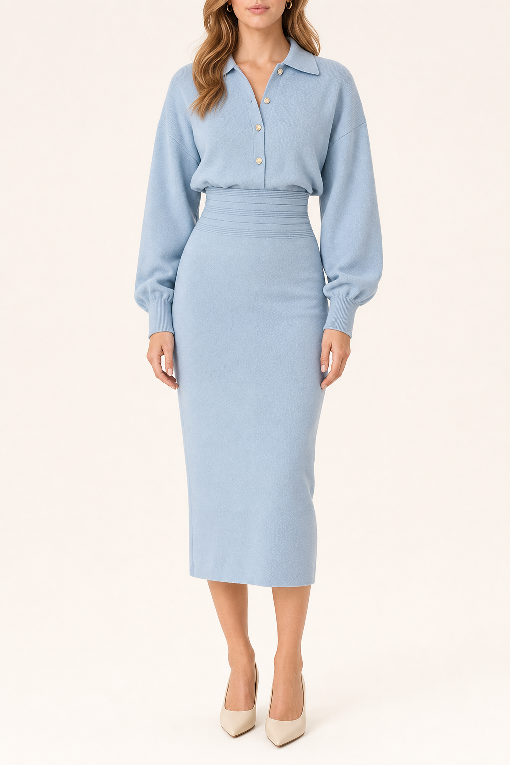 Knit midi shirt dress cinched rib waist, light blue — front view