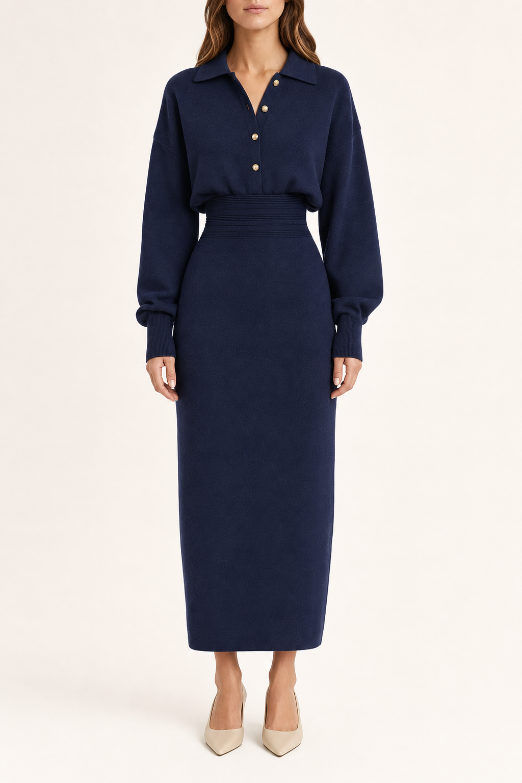 Knit midi shirt dress cinched rib waist, navy — front view