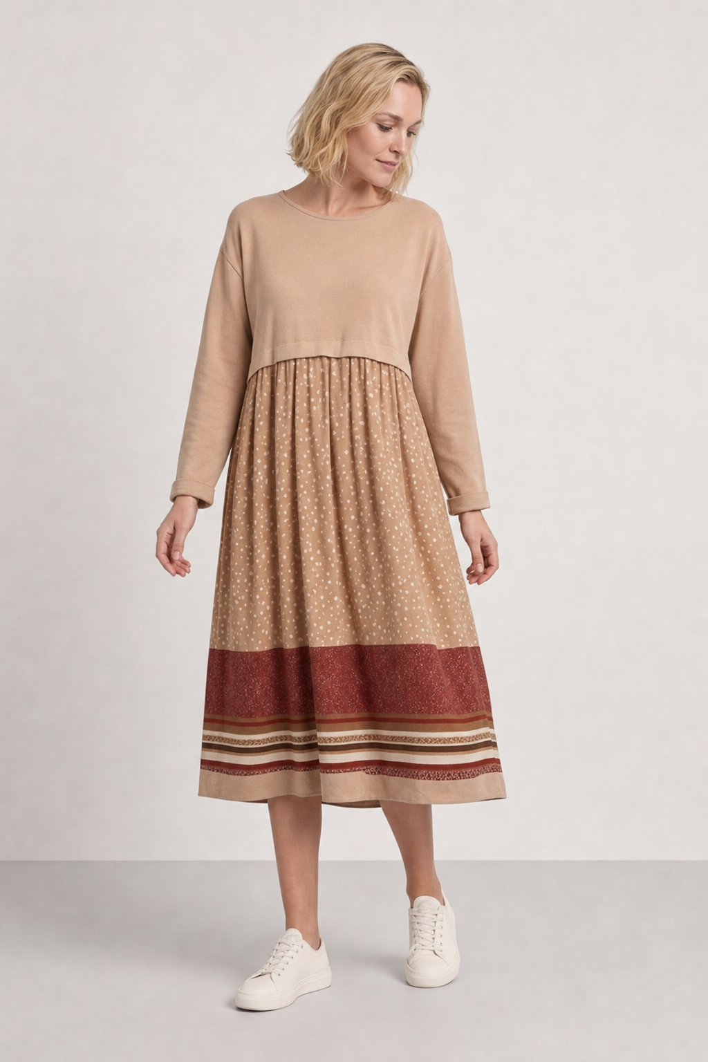 Jersey midi dress, printed border hem skirt, camel — second studio view