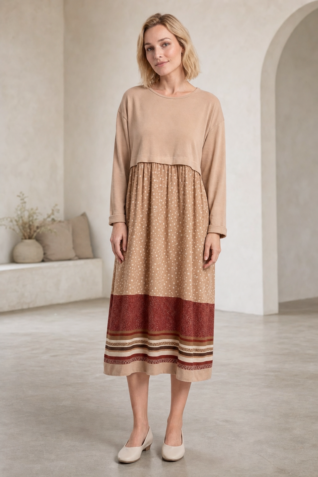Jersey midi dress, printed border hem skirt, camel — worn, lifestyle setting