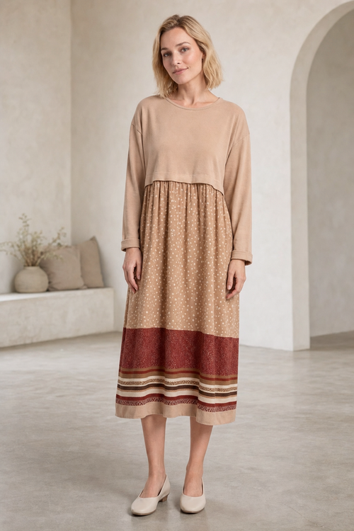 Jersey midi dress, printed border hem skirt, camel — worn, lifestyle setting