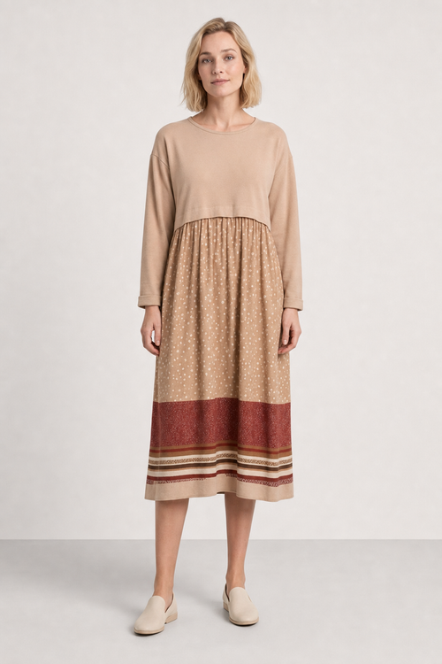 Jersey midi dress, printed border hem skirt, camel — front view