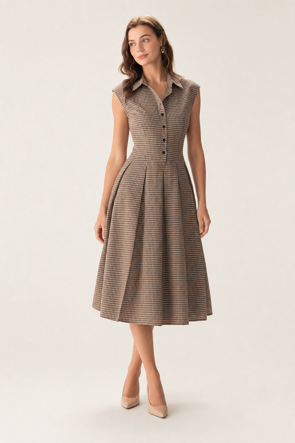 Micro-gingham shirt dress, brown — second studio view