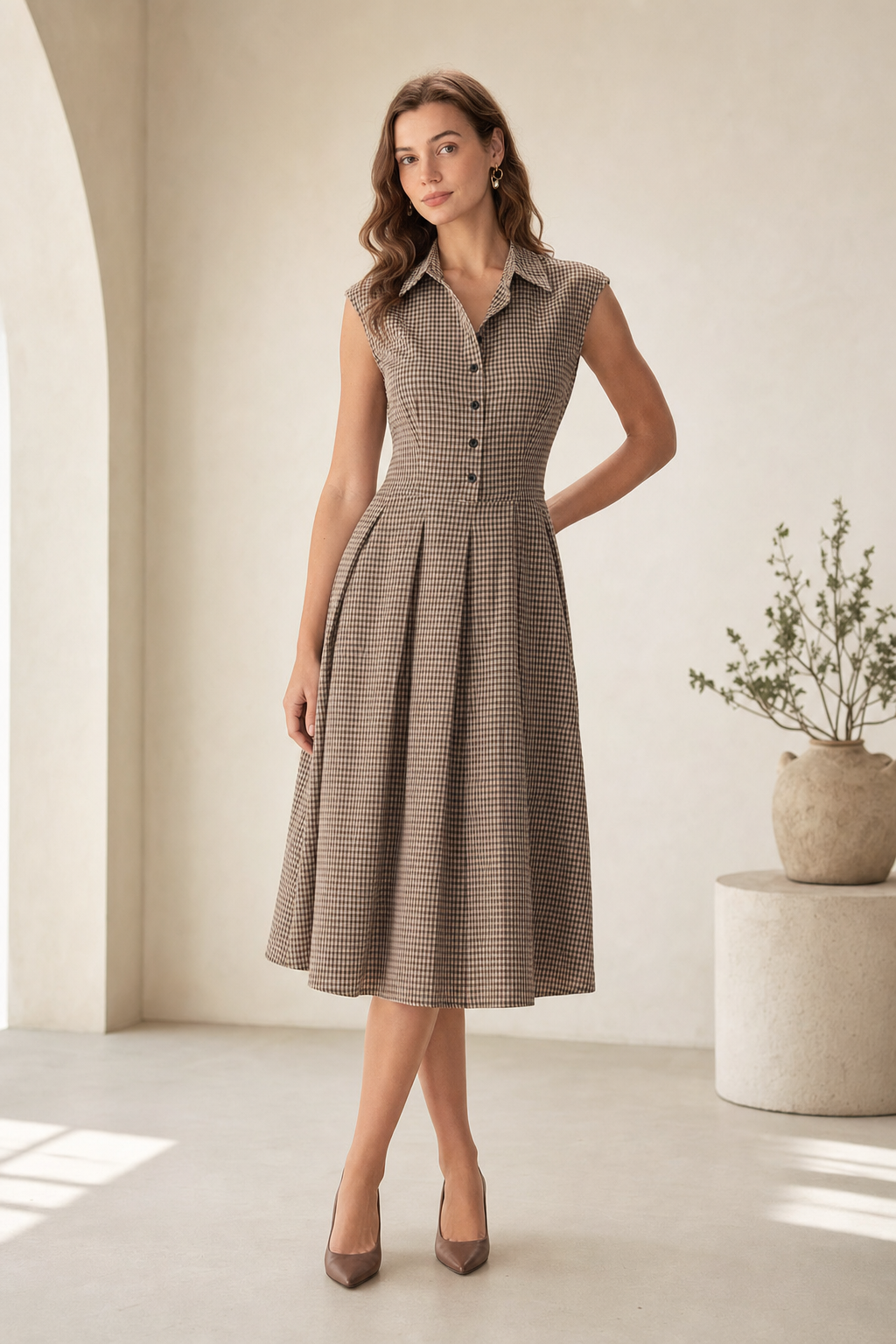 Micro-gingham shirt dress, brown — worn, lifestyle setting