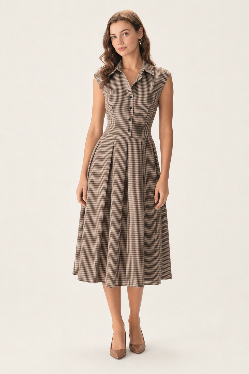 Micro-gingham shirt dress, brown — front view