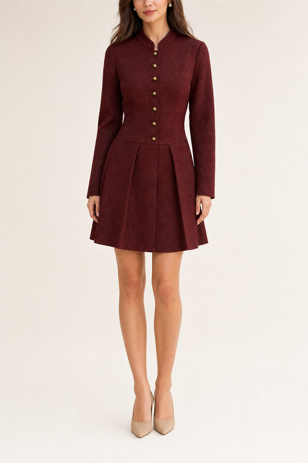 Textured woven mini dress stand collar button-front pleated skirt, wine red — front view