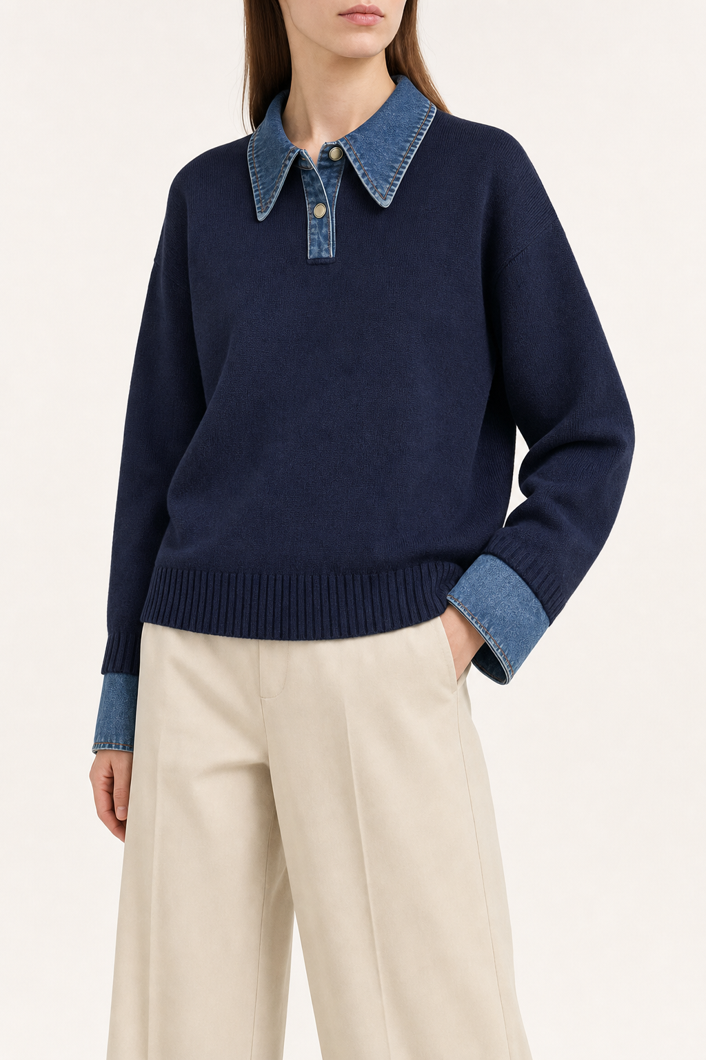 Knit jumper, denim collar and cuffs, navy — second studio view