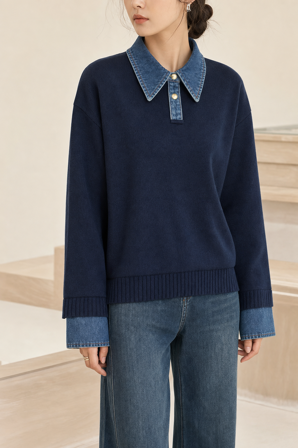 Knit jumper, denim collar and cuffs, navy — worn, lifestyle setting