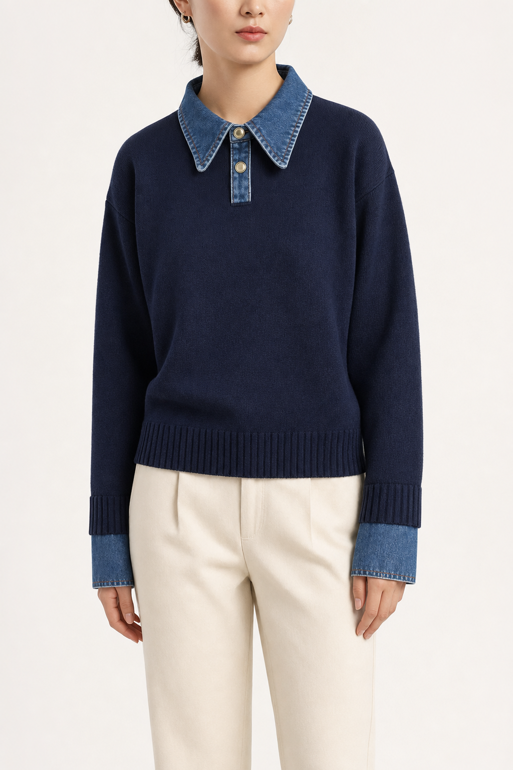 Knit jumper, denim collar and cuffs, navy — front view